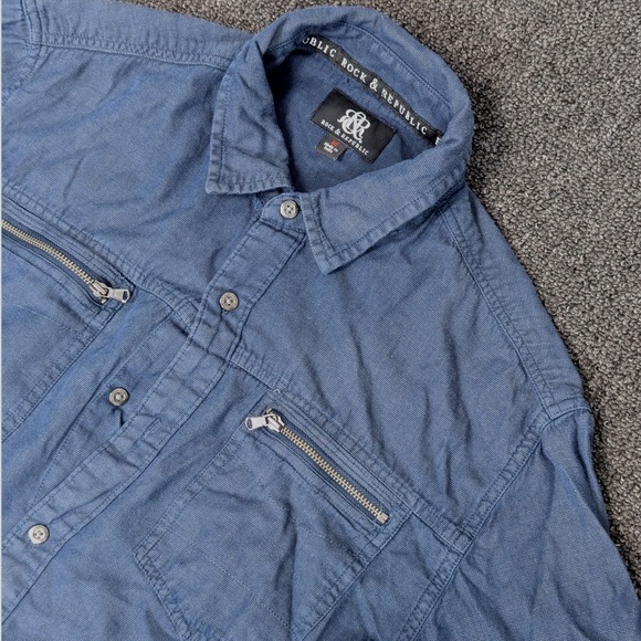 Rock‎ & Republic Button Up Shirt Zip Pockets Y2K Grunge Mens SZ Medium Blue - Picture 1 of 7